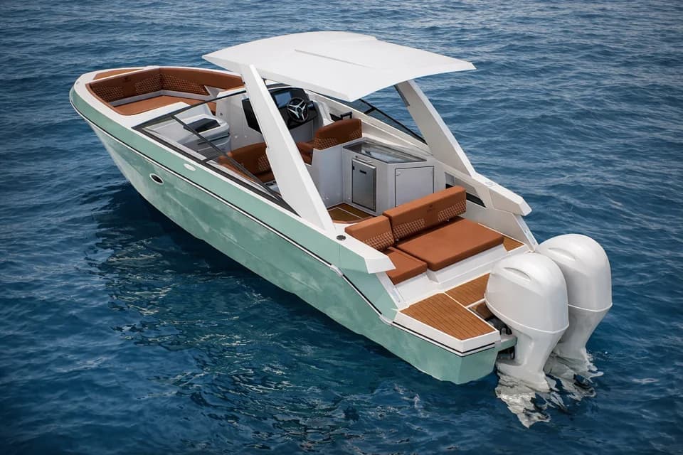 Bowfin rear three-quarter view on the water