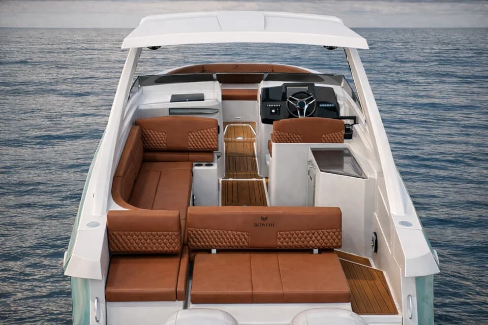 Bowfin cockpit, seating and helm viewed from the stern