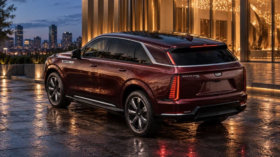 Red Cadillac rear three-quarter view at a city terrace