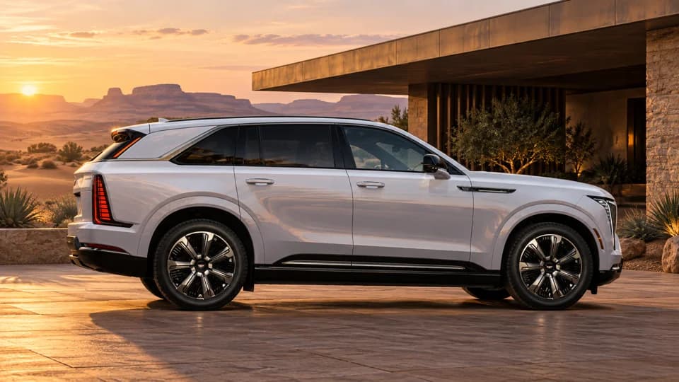 White Cadillac side profile at sunset