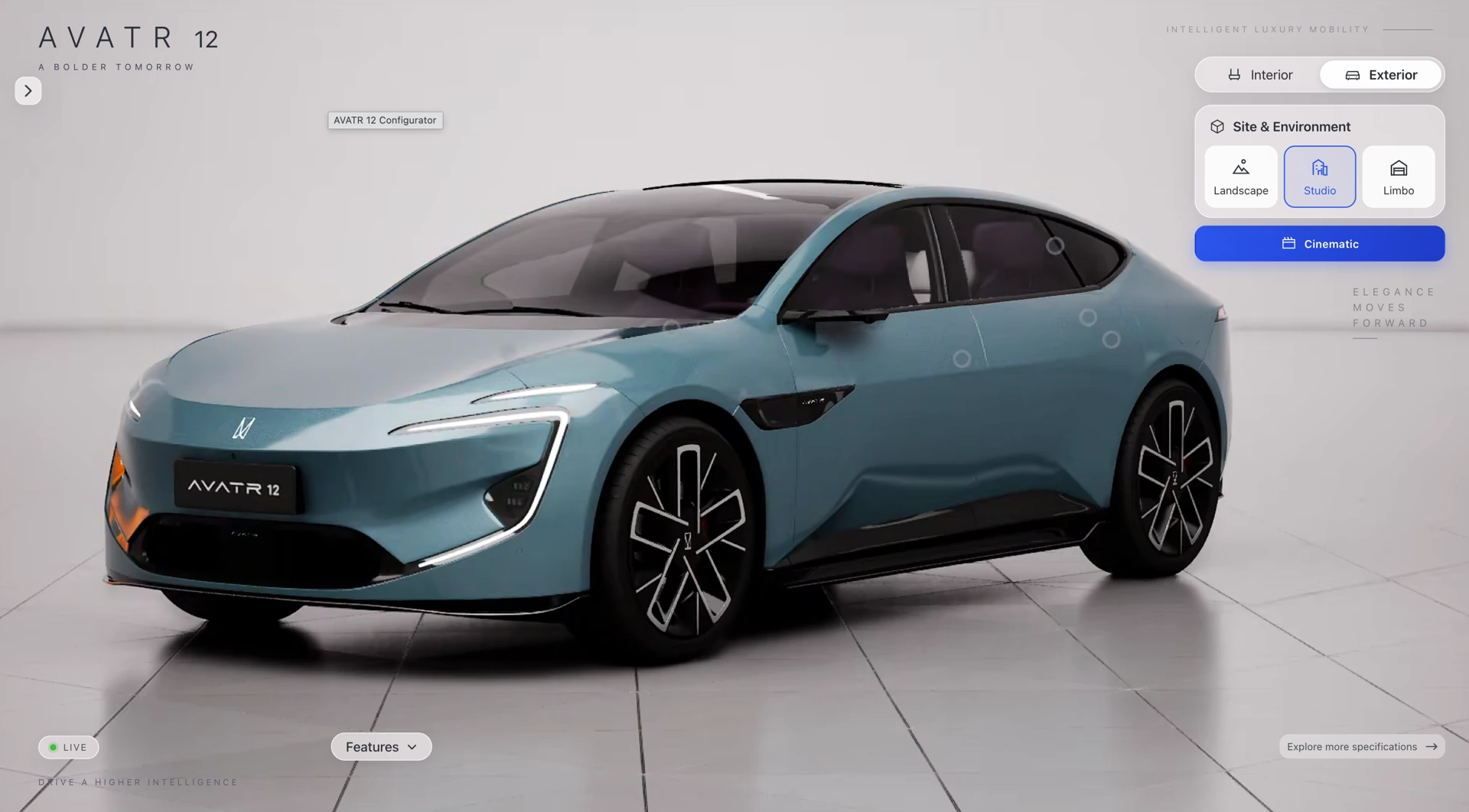 AVATR 12 configurator with interior, exterior, environment and feature controls