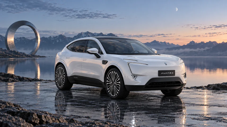 White AVATR 11 front three-quarter view beside water