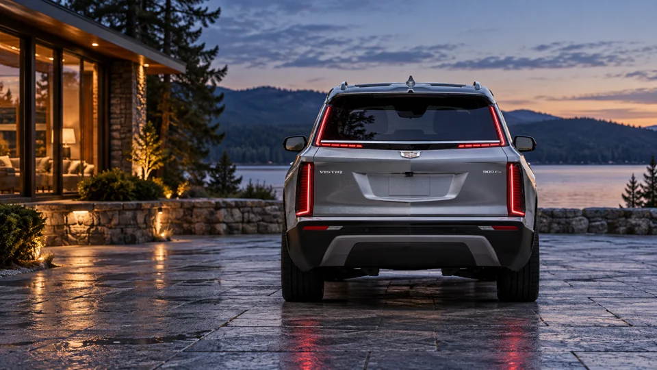 Cadillac rear view at a lakeside retreat at dusk