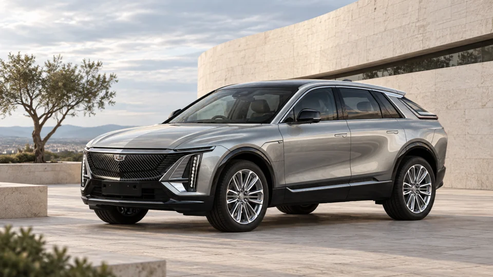 Silver Cadillac beside contemporary stone architecture